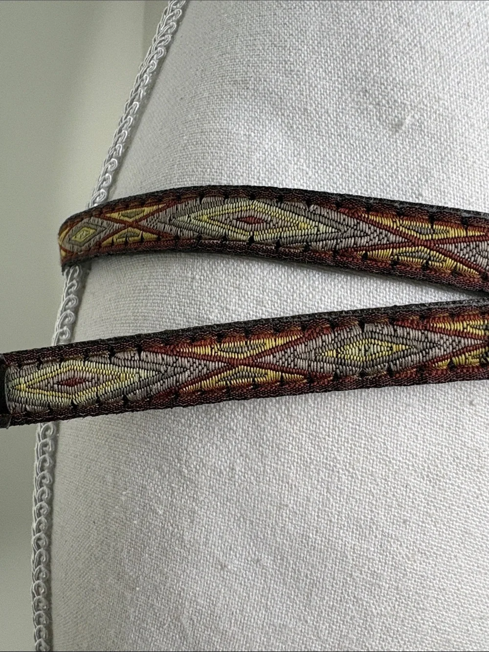 Woven Geometric Pattern Slim Waist Belt - Brown. Boho